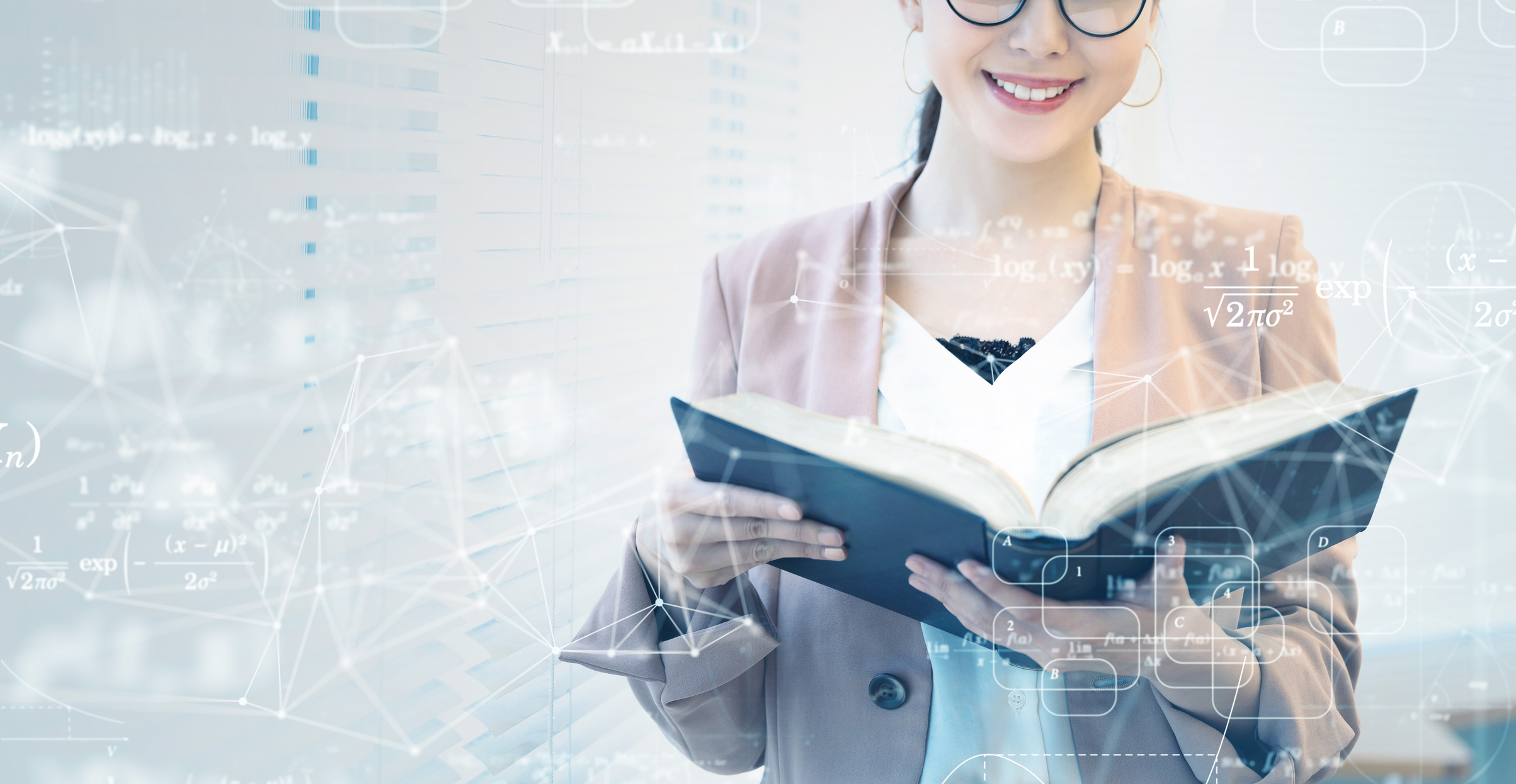A young Asian woman smiles while reading a book, superimposed by numbers, calculations and graphs