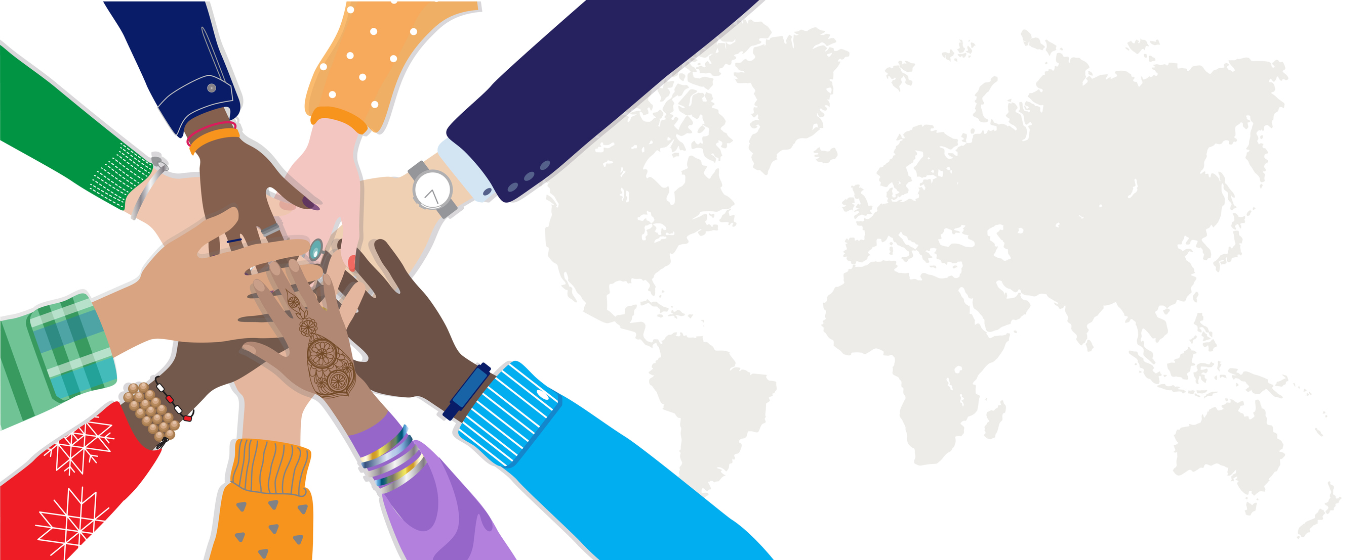 A diverse, multinational group of people holding hands together in circle over a world map background