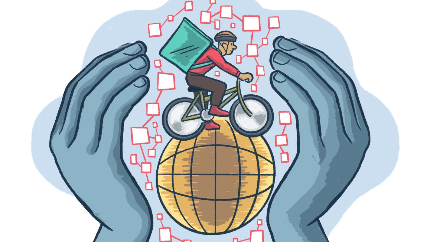 Illustration of a delivery man on a bicycle carrying a delivery bag on his back. He is cycling around a globe, surrounded by lots of interconnected squares. Two large hands surround the entire image in a protective manner.