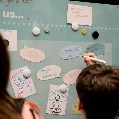 Children writing on post it notes on disaply board
