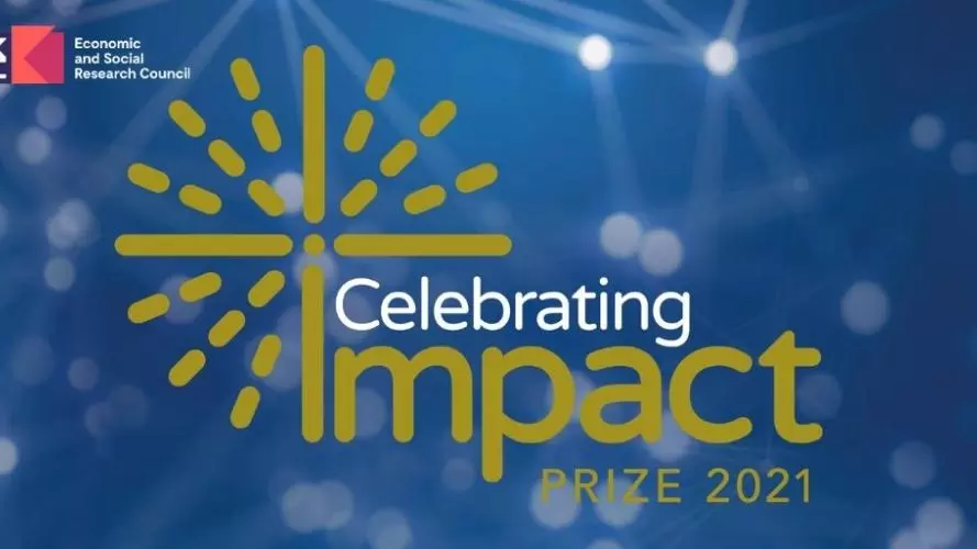 The words Celebrating Impact Prize 2021 are written in gold across a dark blue background, with the UKRI ESRC logo in the top left corner