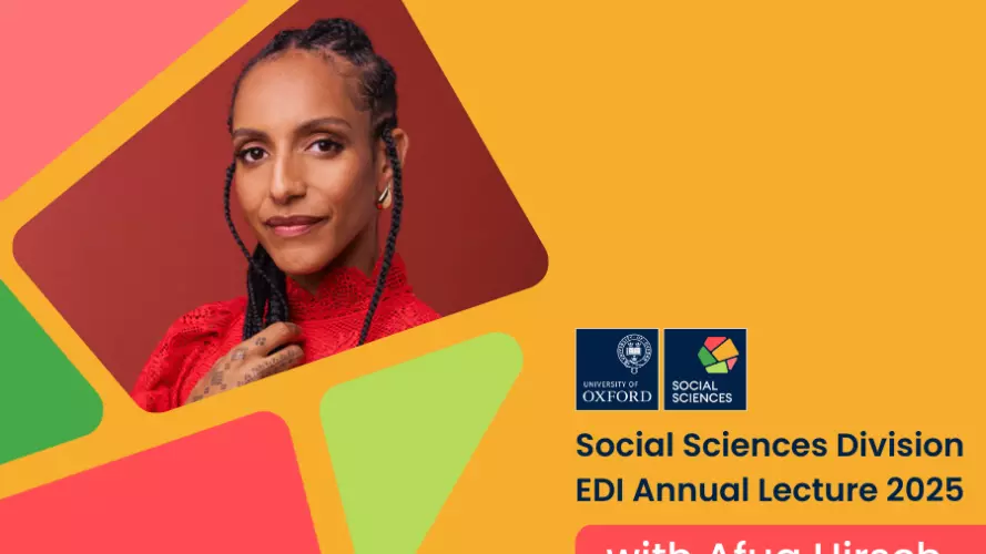 Afua Hirsch has long braided black hair. She is wearing a bright red lace top with a high neck and smiling at the camera. Text reads: 'Social Sciences Division Annual Lecture 2025 with Afua Hirsch'