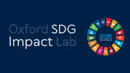 Oxford SDG Impact Lab in light text against a dark blue background and the UN SDGs logo of 17 brightly-coloured segments