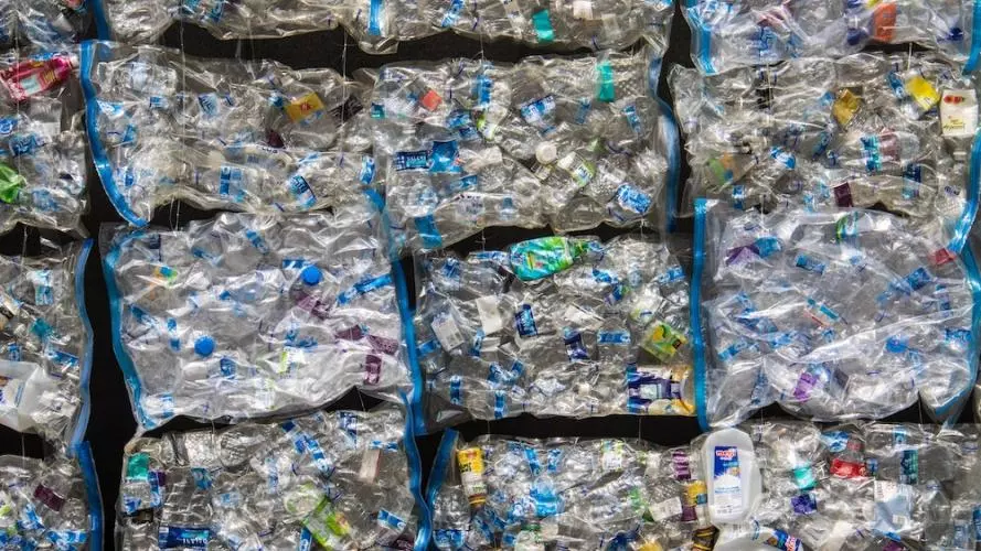 A wall of recycled plastic bottles