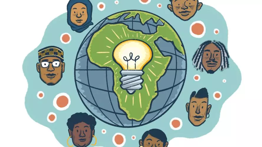 A shining light bulb is superimposed on a globe showing the African continent, surrounded by a seven faces of diverse ages, genders, and ethnicities