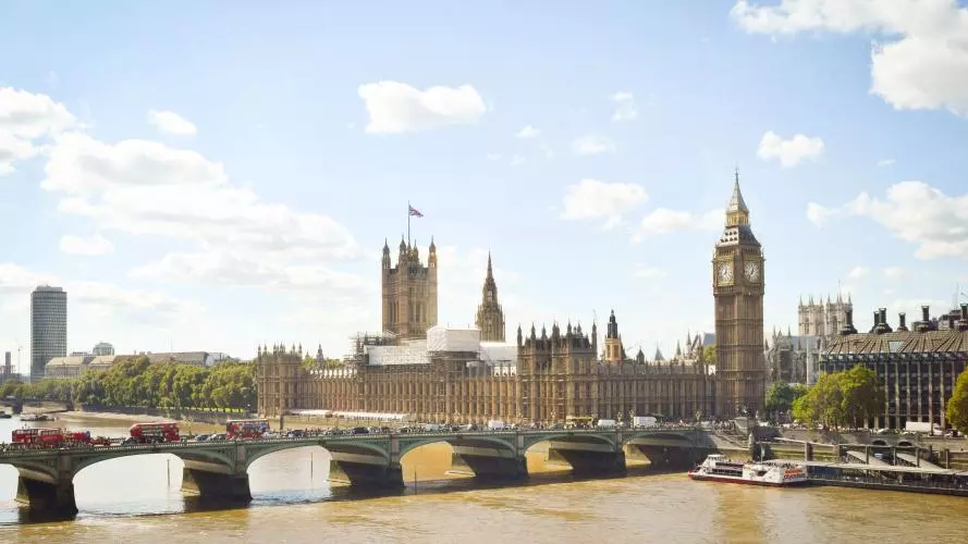 View across Westminster Bridge towards the Houses of Parliament and Big Ben in London, in sunshine