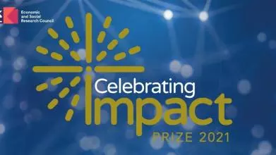 The words Celebrating Impact Prize 2021 are written in gold across a dark blue background, with the UKRI ESRC logo in the top left corner
