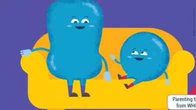 A cartoon adult and child sitting on a sofa