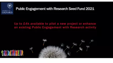 Image of a dandelion head on a black background with seeds blowing away, with text - Public Engagement with Research Seed Fund 2021 - Up to £4k available to pilot a new project of enhance an existing Public Engagement with Research activity