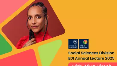 Afua Hirsch has long braided black hair. She is wearing a bright red lace top with a high neck and smiling at the camera. Text reads: 'Social Sciences Division Annual Lecture 2025 with Afua Hirsch'