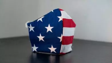A facemask made from the American flag, showing the stars and stripes