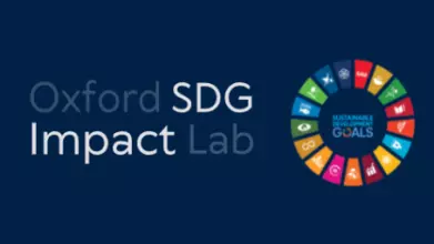 Oxford SDG Impact Lab in light text against a dark blue background and the UN SDGs logo of 17 brightly-coloured segments