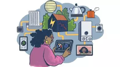 Illustration of a woman using a smart meter, which is connected to a map of energy use across her home, including radiator, boiler, washing machine, kettle, and a smart device playing music