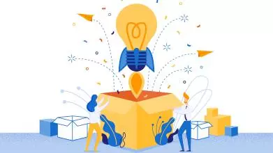 Cartoon showing a man and woman unpacking a cardboard box, from which springs a rocket-powered lightbulb surrounded by fireworks and arrows