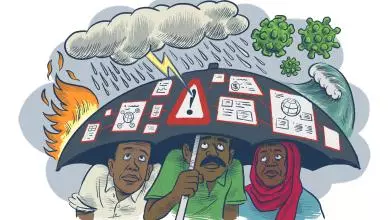 Three people take shelter from thunder, lightning, rain, waves, fire, and viruses under an umbrella covered in warning symbols and a network of plans  
