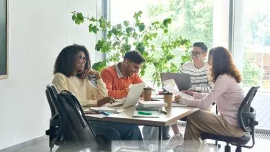 Young group of multicultural coworkers and researchers working together on a project in an office using laptops near a window.