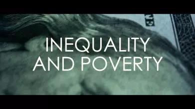 Close-up image of U.S. dollar bill texture with bold white text in the center reading "INEQUALITY AND POVERTY."