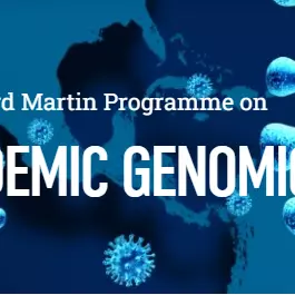 The words Oxford Martin Programme on Pandemic Genomics are superimposed in white text on a blue, graphic depiction of the coronavirus