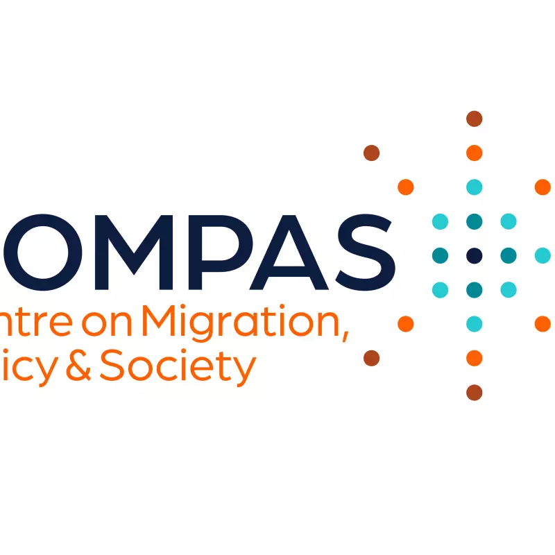 COMPAS Centre on Migration, Policy & Society written in blue and orange capital letters, with a star-shaped series of dots on the right