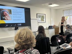 Dr Ruta presents a powerpoint to room of attendees 