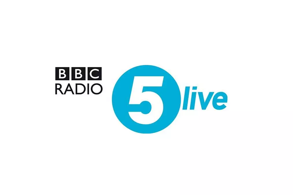 BBC Radio 5 Live logo on a white background. The 5 is in white superimposed on a blue circle.