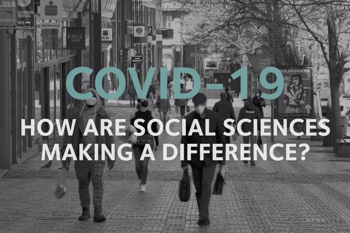 Title COVID-19: How are social sciences making a difference? superimposed on a black and white image of a high street with a few people wearing face masks