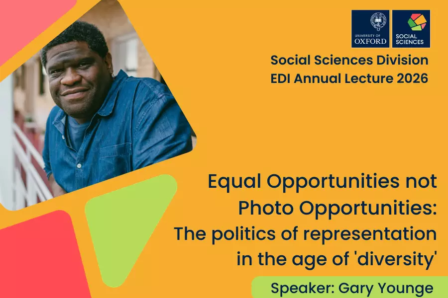 Gary Younge is wearing a short sleeved blue shirt, and leaning forward onto a railing outside a building. Text with the lecture title says: 'Equal opportunities not photo opportunities. The politics of representation in the age of 'diversity'.