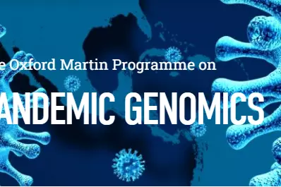 The words Oxford Martin Programme on Pandemic Genomics are superimposed in white text on a blue, graphic depiction of the coronavirus