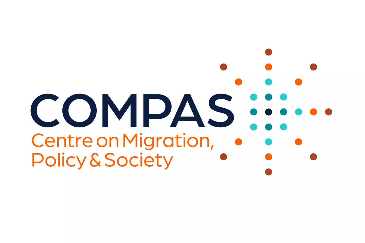 COMPAS Centre on Migration, Policy & Society written in blue and orange capital letters, with a star-shaped series of dots on the right