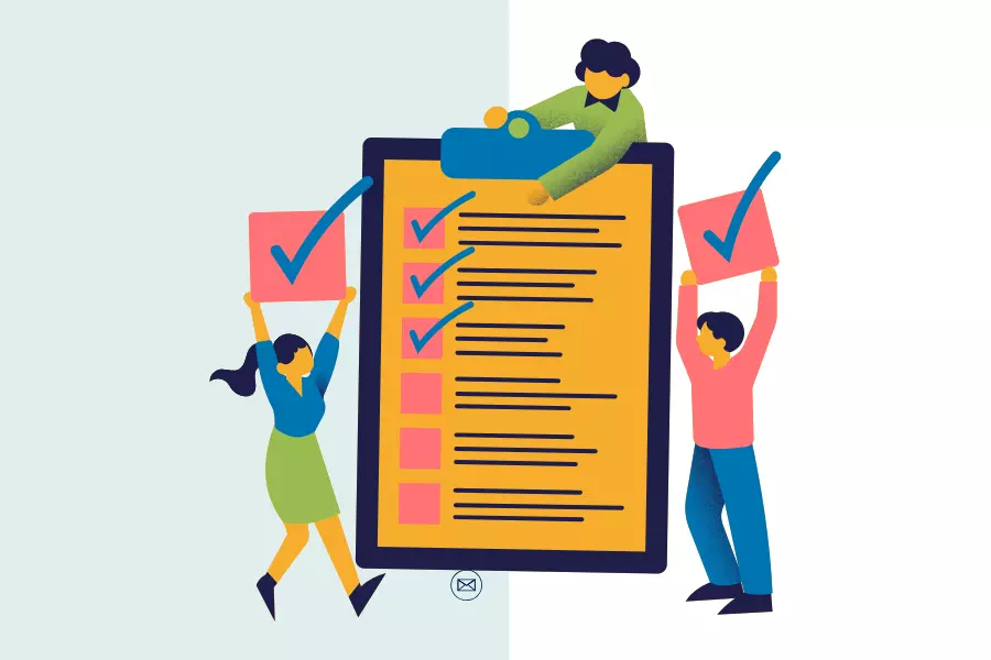 Three characters hold up a clipboard showing a checklist with items ticked off